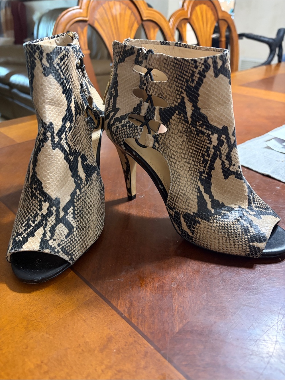 Banana Republic Beige and Black Snakeskin Peep-Toe Ankle Booties
